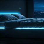 A modern advanced sleep system and smart bed in a futuristic bedroom setting