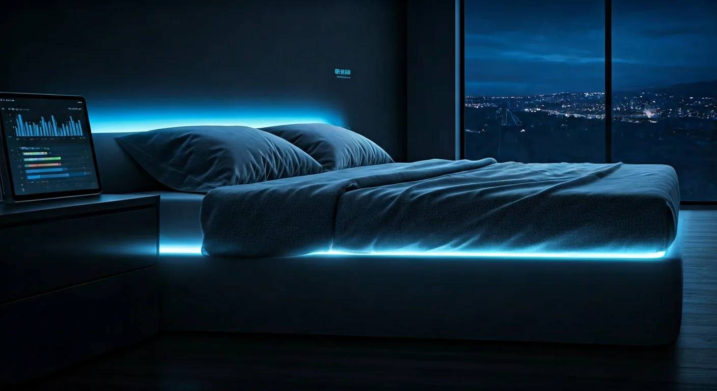 A modern advanced sleep system and smart bed in a futuristic bedroom setting