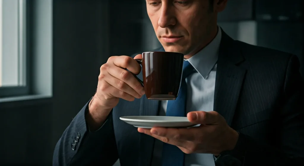 Professional drinking coffee to function on 4 hours of sleep