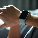 Person checking their Fitbit smartwatch in bed to see why it is not tracking sleep