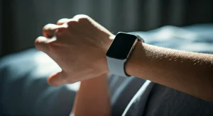 Person checking their Fitbit smartwatch in bed to see why it is not tracking sleep